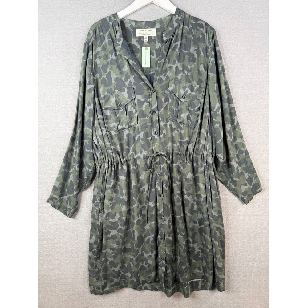 Cloth & Stone Nina Shirt Dress Women 1X Green Camo Anthropologie NEW Safari
